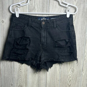 Hollister Denim Shorts High-Rise Boyfriend Shorts Black Ripped Raw Hem Size 28